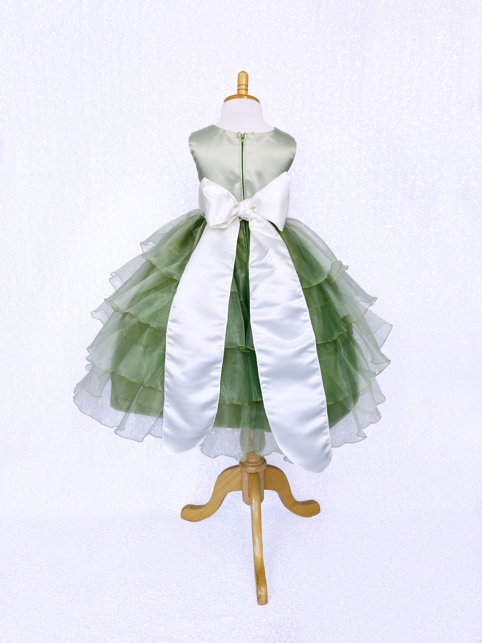 Sage Satin Organza Ruffle Sleeveless Dress Ivory Sash Flower