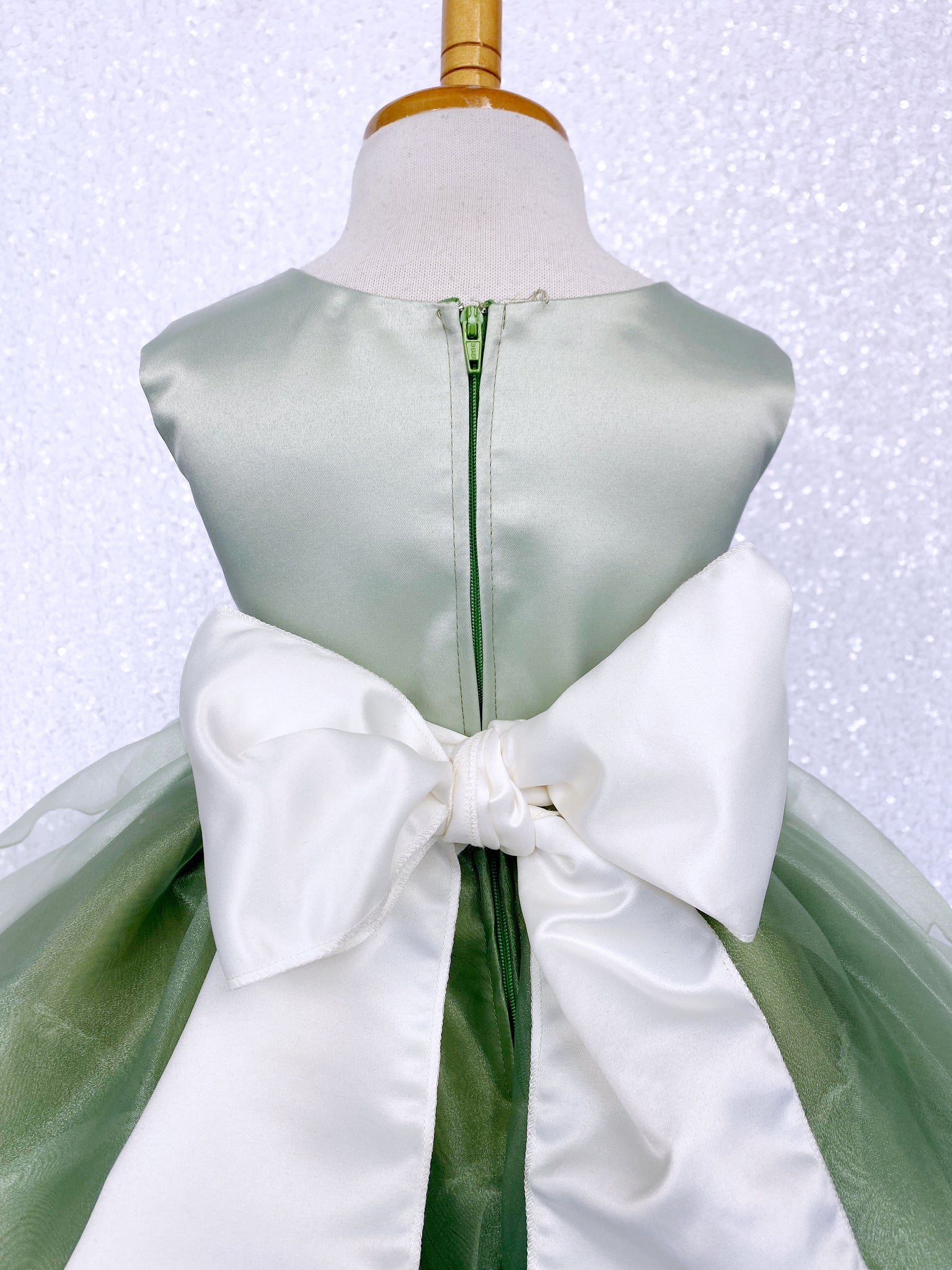 Sage Satin Organza Ruffle Sleeveless Dress Ivory Sash Flower