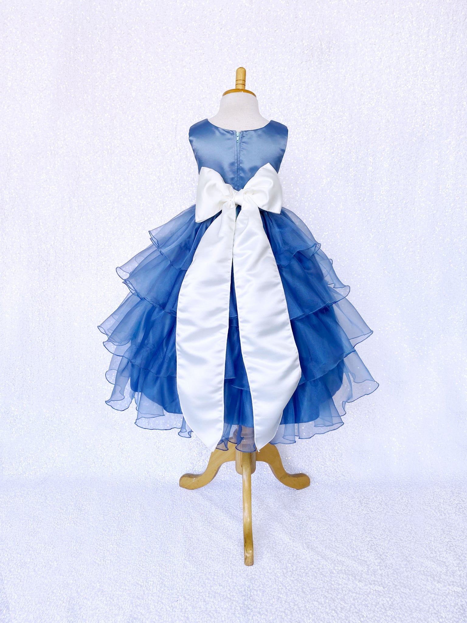 Steel Blue Organza Ruffle Sleeveless Dress Ivory Sash Flower