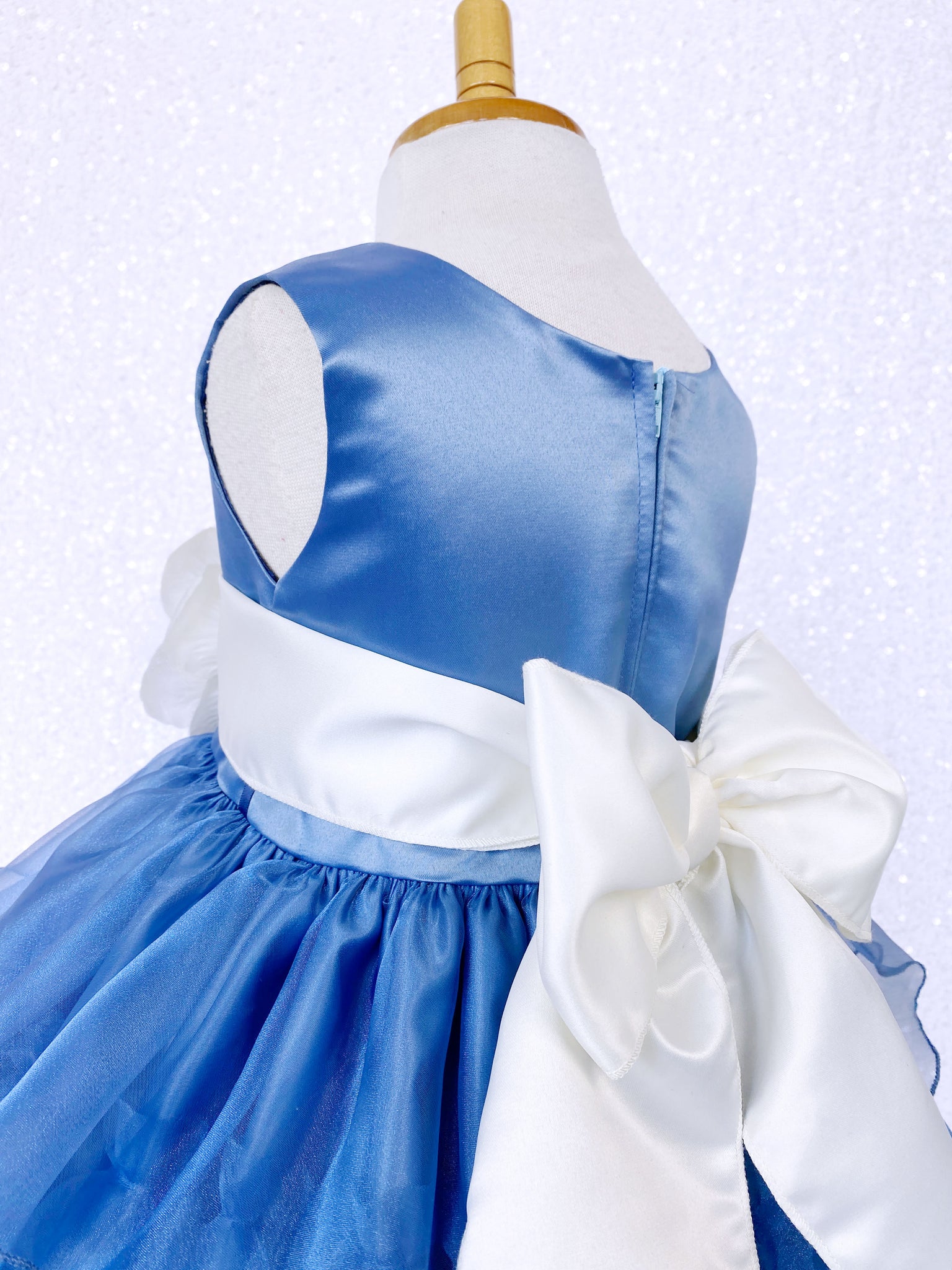 Steel Blue Organza Ruffle Sleeveless Dress Ivory Sash Flower