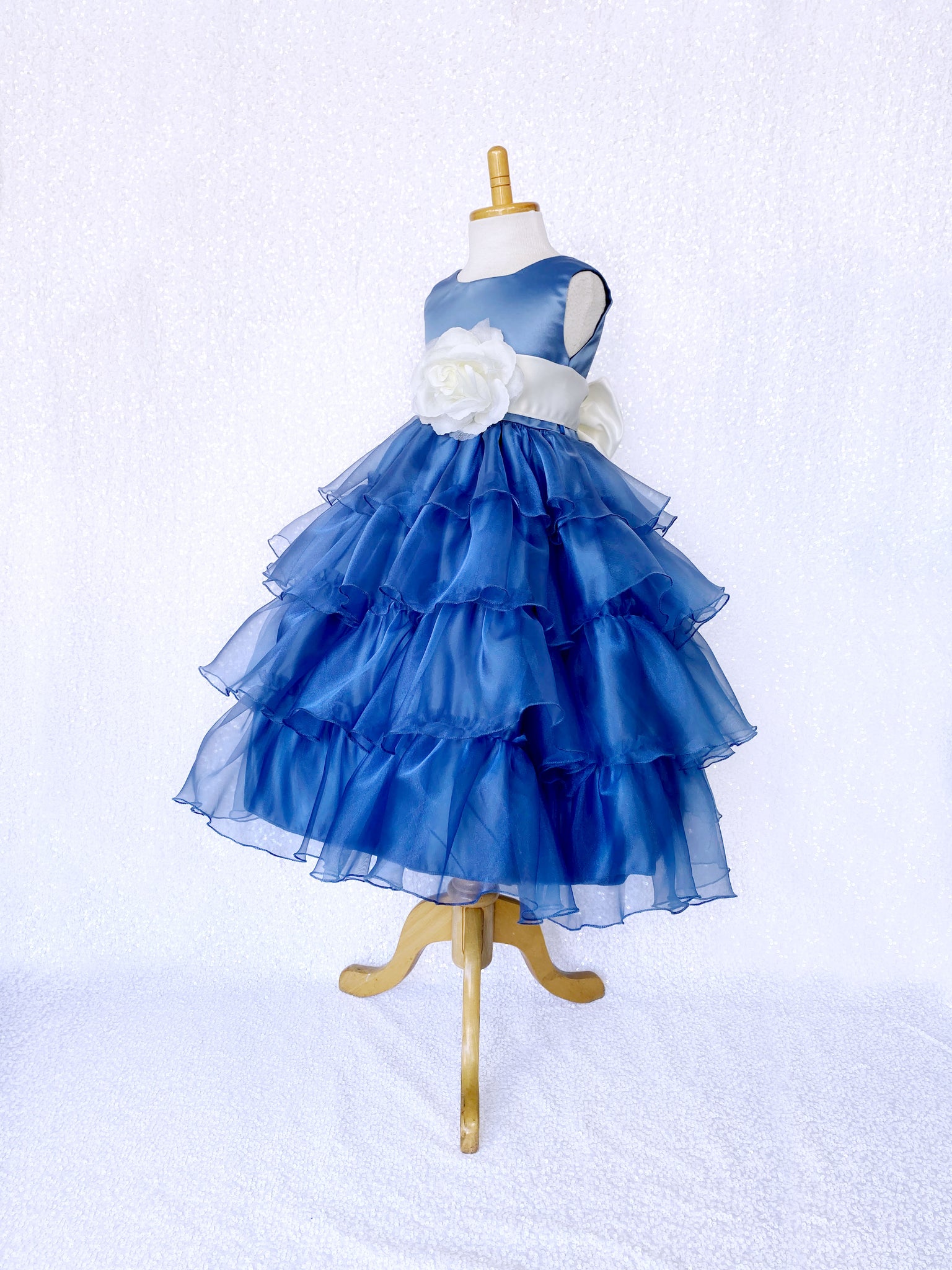 Steel Blue Organza Ruffle Sleeveless Dress Ivory Sash Flower