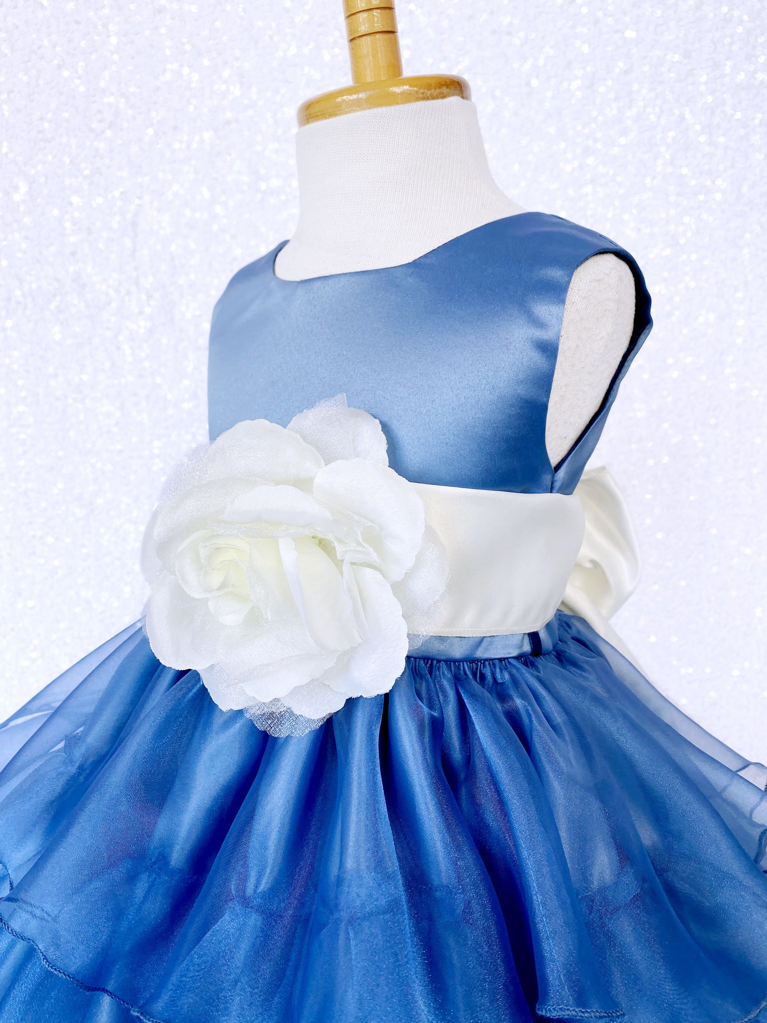 Steel Blue Organza Ruffle Sleeveless Dress Ivory Sash Flower