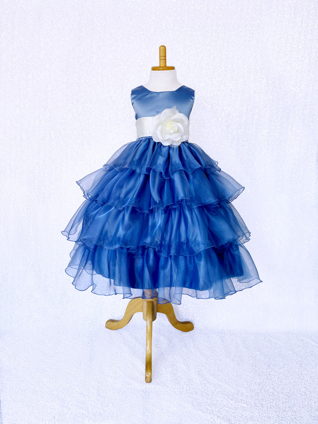 Steel Blue Organza Ruffle Sleeveless Dress Ivory Sash Flower