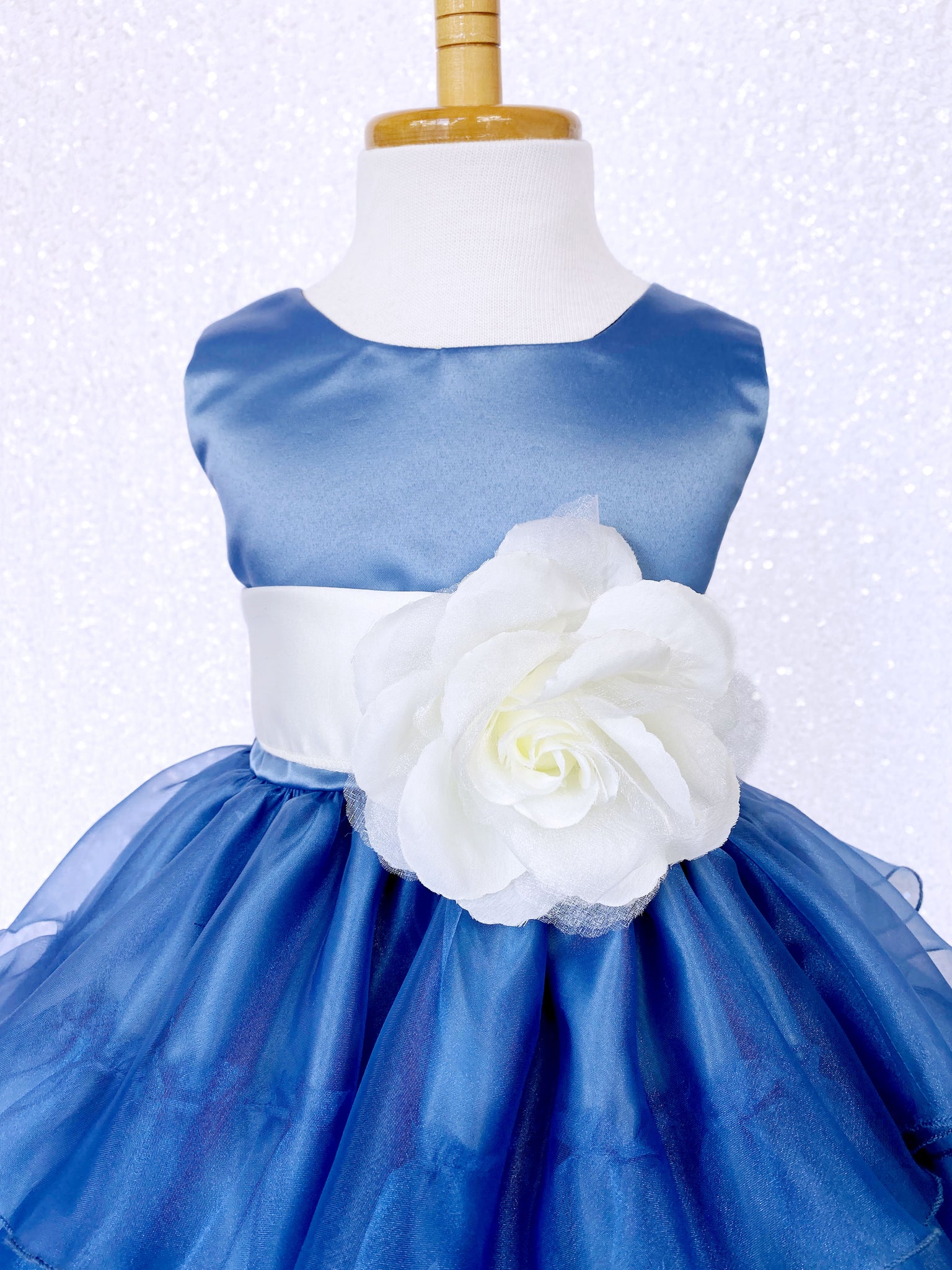 Steel Blue Organza Ruffle Sleeveless Dress Ivory Sash Flower