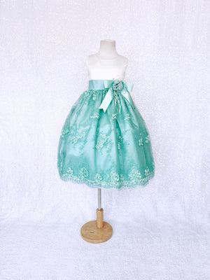 Sleeveless Ivory Satin Teal Embroidery Flower Dress