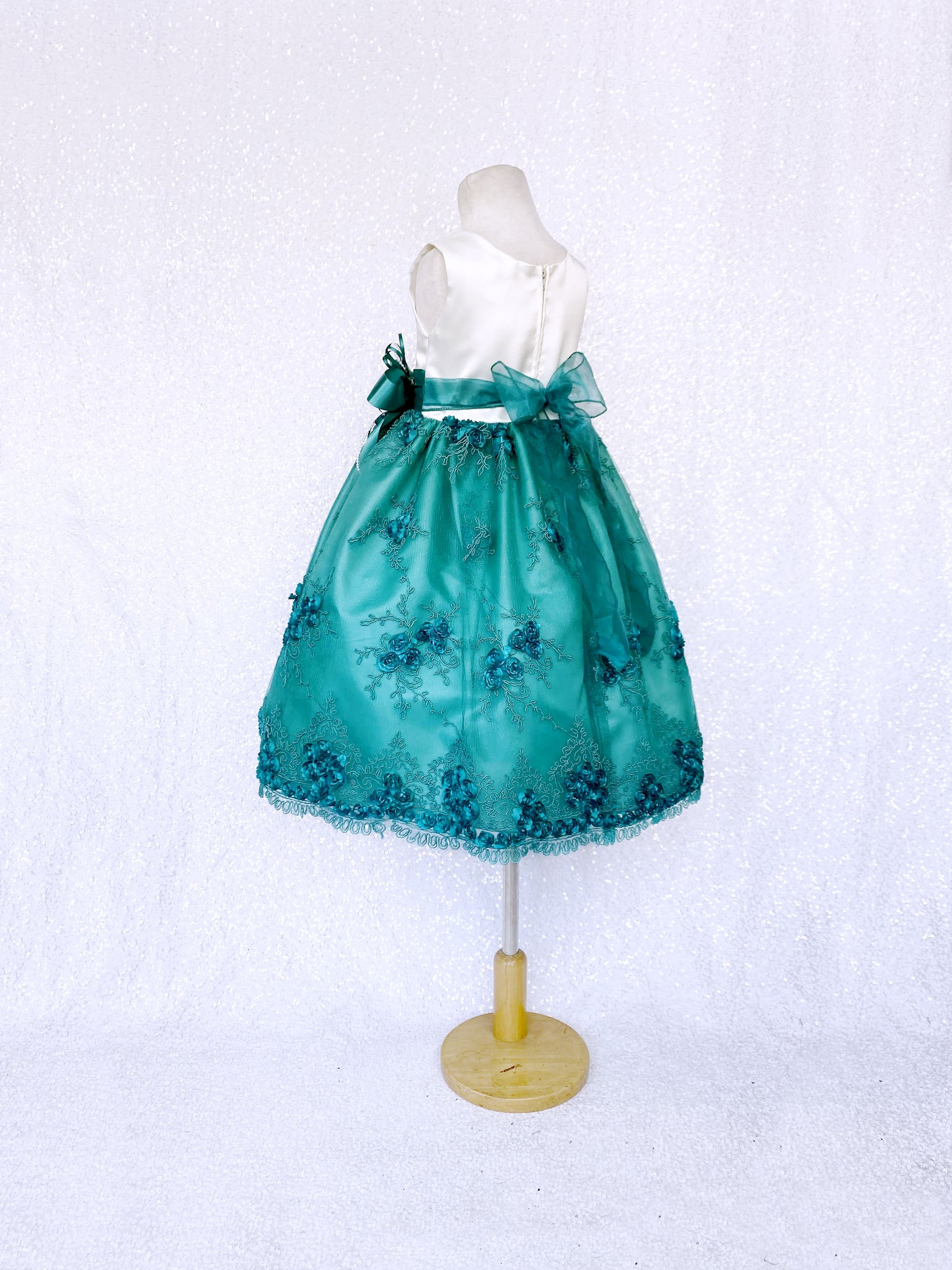 Sleeveless Ivory Satin Teal Embroidery Flower Dress