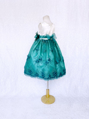 Sleeveless Ivory Satin Teal Embroidery Flower Dress