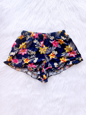 Black Hawaiian Tropical Pattern Ruffle Shorts Plant Shorts Adult