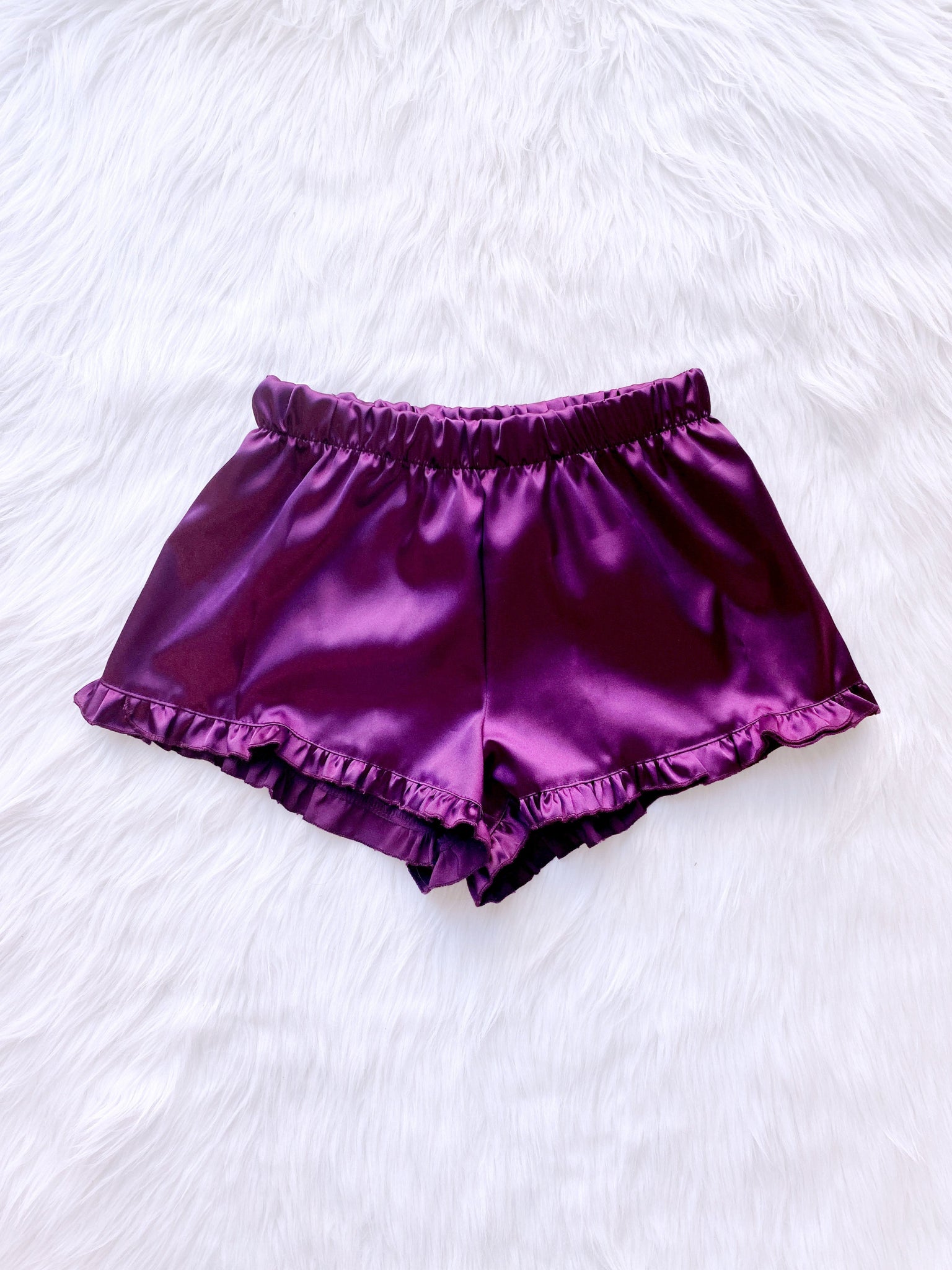 Satin Ruffle Trim Burgundy Pajama PJ Adult Sleepwear Shorts