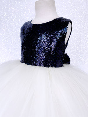 Navy Blue Sequin Sequence Ivory Hi Low Tulle Dress