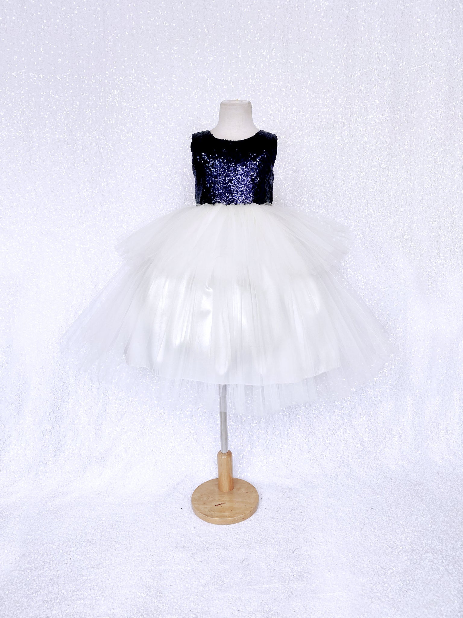 Navy Blue Sequin Sequence Ivory Hi Low Tulle Dress