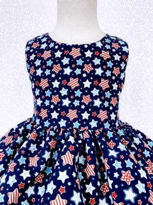 Navy Blue White Blue Stars Knee Length 4th of July Dress