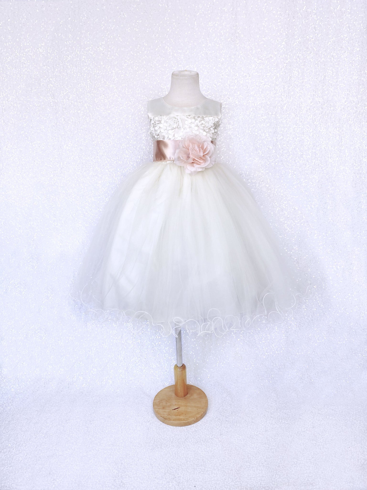 Sleeveless V-Back Carnation FL Ivory 2 Layer Tulle Dress Champagne Sash Flower