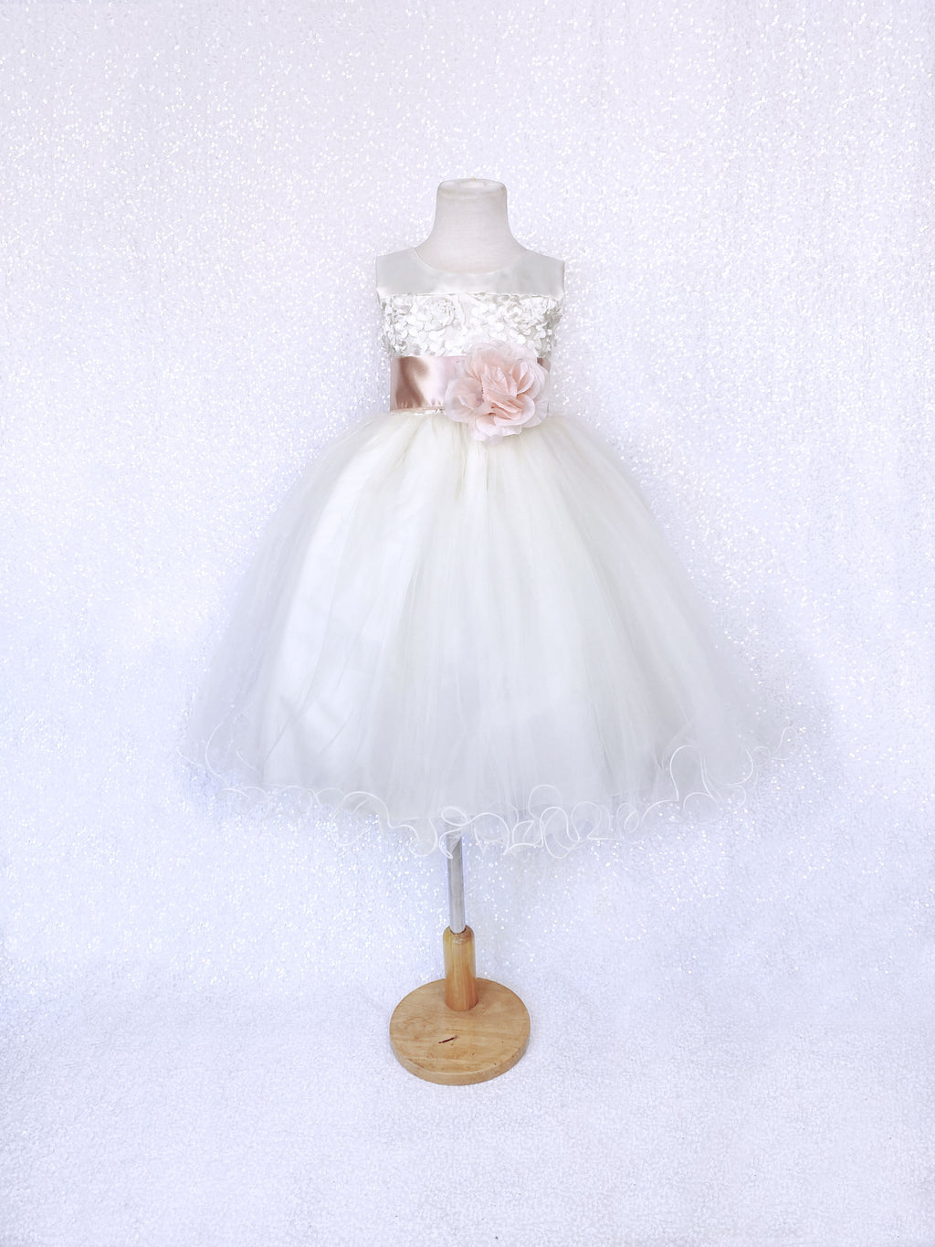 Sleeveless V-Back Carnation FL Ivory 2 Layer Tulle Dress Blush Sash Flower