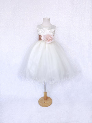 Sleeveless V-Back Carnation FL Ivory 2 Layer Tulle Dress Blush Sash Flower