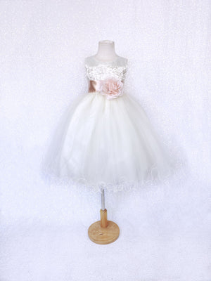 Sleeveless V-Back Carnation FL Ivory 2 Layer Tulle Dress Silver Sash Flower