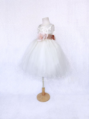 Sleeveless V-Back Carnation FL Ivory 2 Layer Tulle Dress Blush Sash Flower