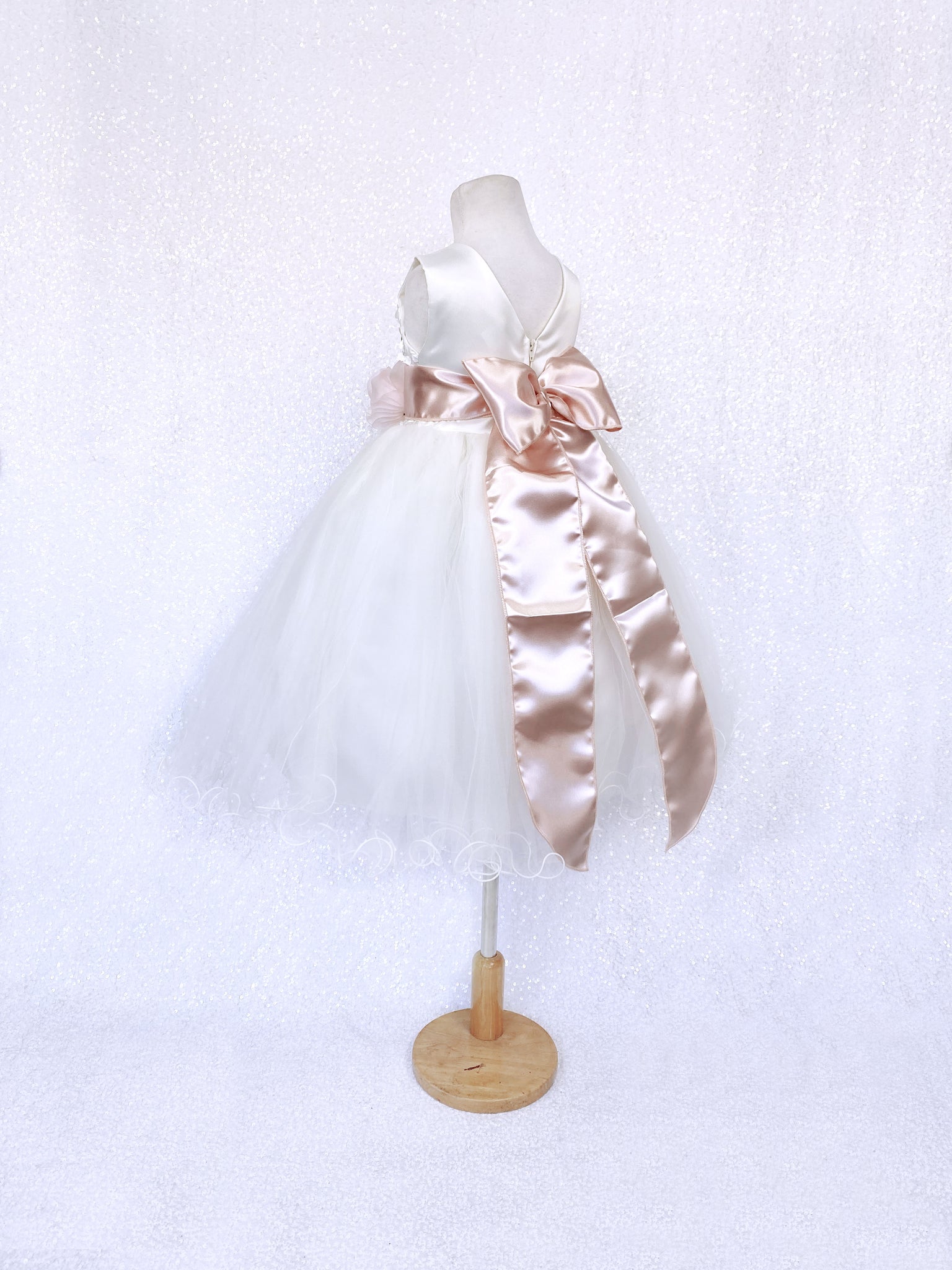 Sleeveless V-Back Carnation FL Ivory 2 Layer Tulle Dress Blush Sash Flower