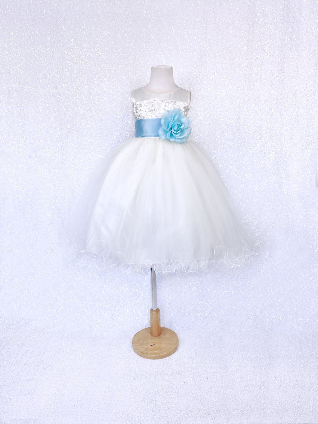 Sleeveless V-Back Carnation FL Ivory 2 Layer Tulle Dress Baby Blue Sash Flower