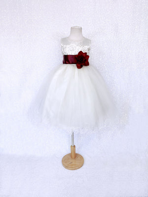 Sleeveless V-Back Carnation FL Ivory 2 Layer Tulle Dress Burgundy Sash Flower