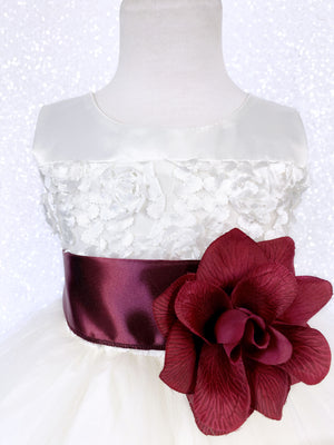 Sleeveless V-Back Carnation FL Ivory 2 Layer Tulle Dress Burgundy Sash Flower