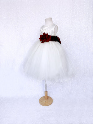 Sleeveless V-Back Carnation FL Ivory 2 Layer Tulle Dress Burgundy Sash Flower