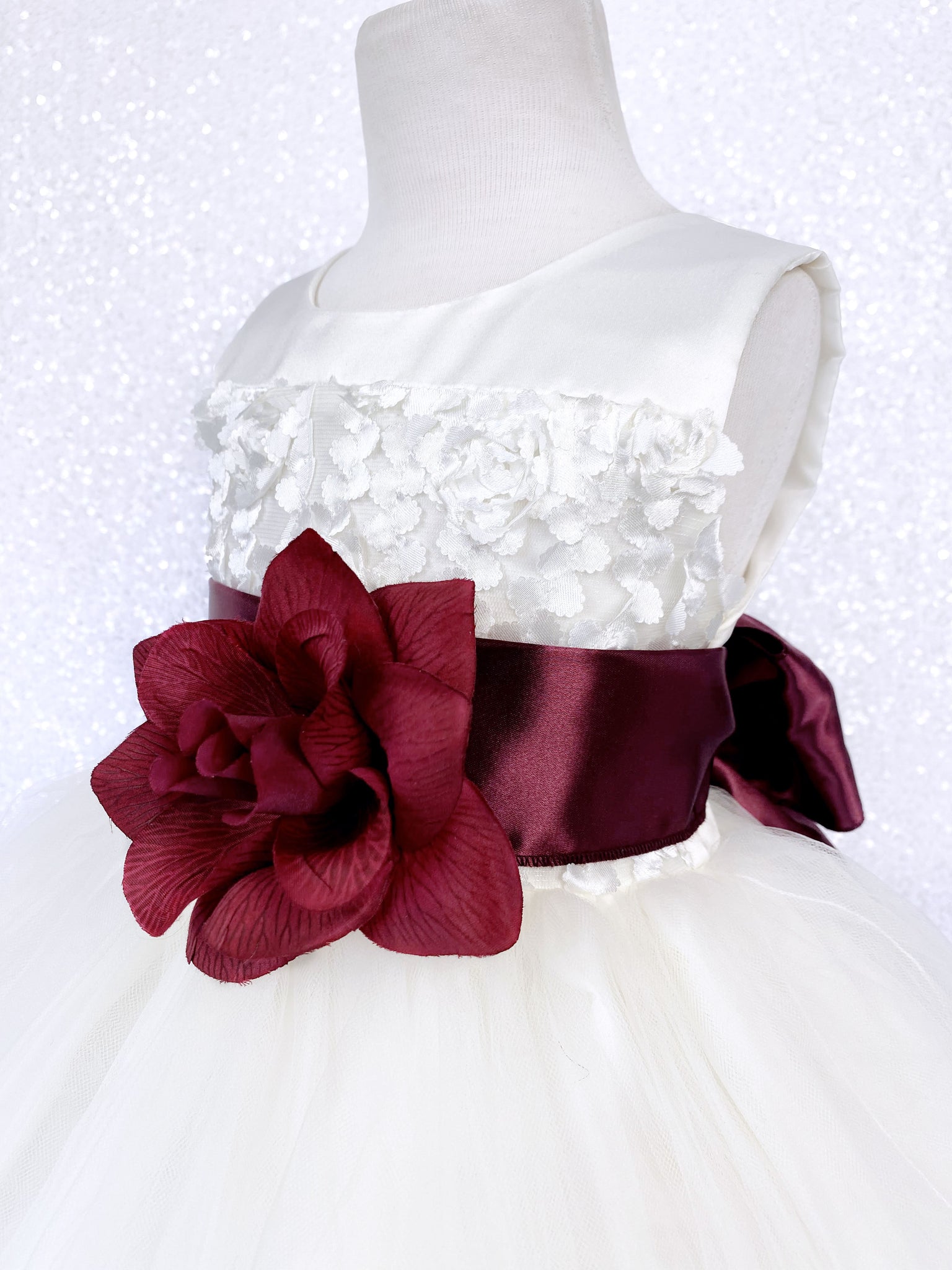 Sleeveless V-Back Carnation FL Ivory 2 Layer Tulle Dress Burgundy Sash Flower