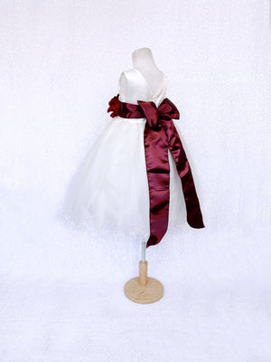 Sleeveless V-Back Carnation FL Ivory 2 Layer Tulle Dress Burgundy Sash Flower