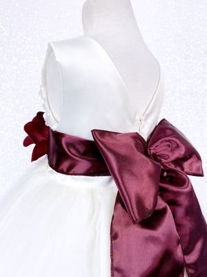 Sleeveless V-Back Carnation FL Ivory 2 Layer Tulle Dress Burgundy Sash Flower