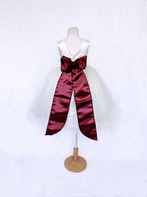 Sleeveless V-Back Carnation FL Ivory 2 Layer Tulle Dress Burgundy Sash Flower