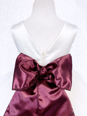 Sleeveless V-Back Carnation FL Ivory 2 Layer Tulle Dress Burgundy Sash Flower