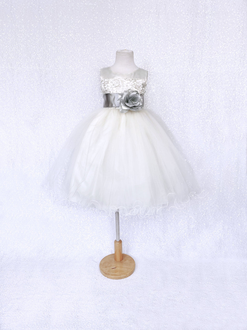 Sleeveless V-Back Carnation FL Ivory 2 Layer Tulle Dress Silver Sash Flower