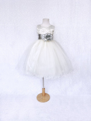 Sleeveless V-Back Carnation FL Ivory 2 Layer Tulle Dress Silver Sash Flower