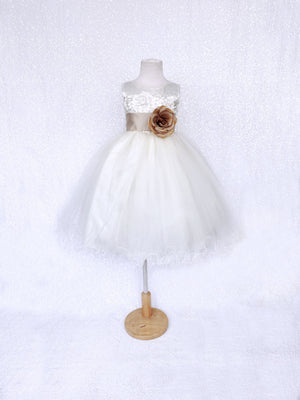 Sleeveless V-Back Carnation FL Ivory 2 Layer Tulle Dress Champagne Sash Flower