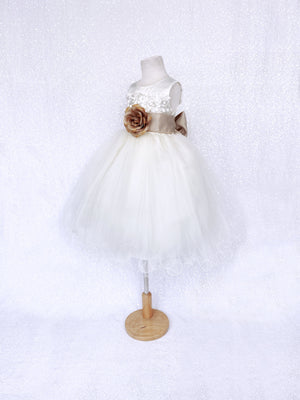 Sleeveless V-Back Carnation FL Ivory 2 Layer Tulle Dress Champagne Sash Flower