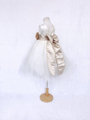 Sleeveless V-Back Carnation FL Ivory 2 Layer Tulle Dress Champagne Sash Flower