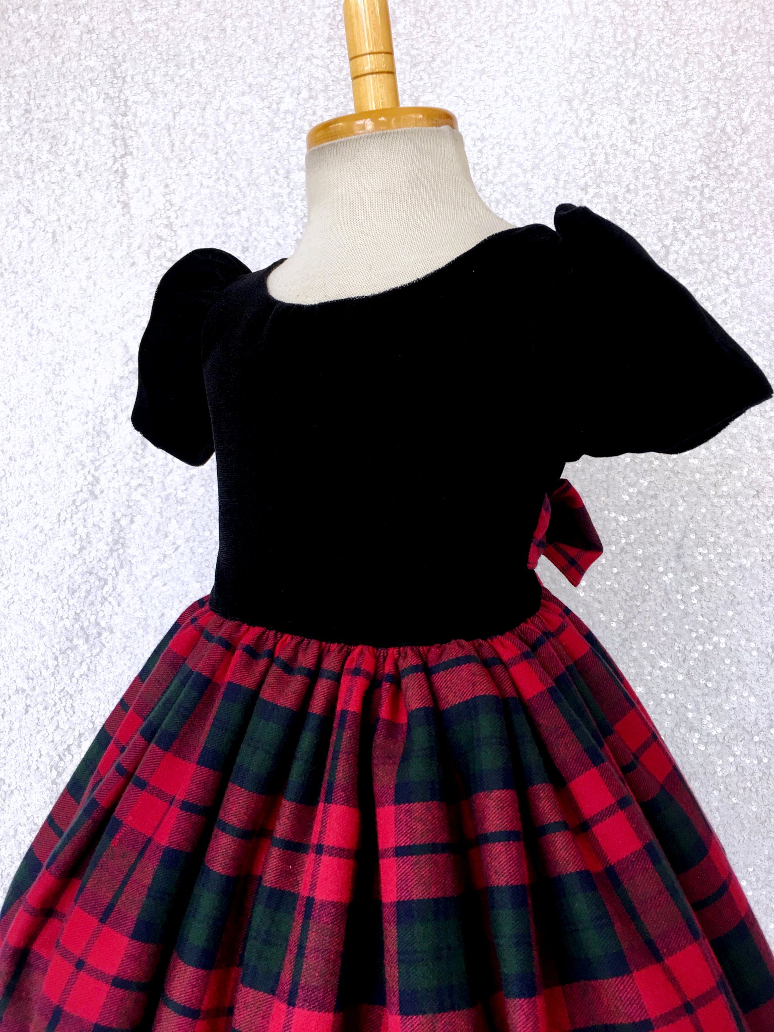 Short Sleeve Black Velvet Plaid Skirt Cotton Gown