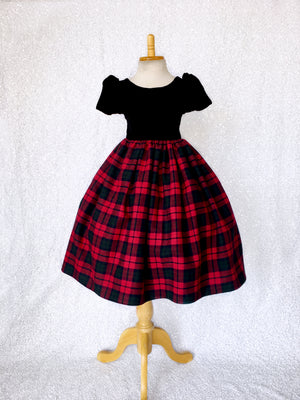 Short Sleeve Black Velvet Plaid Skirt Cotton Gown