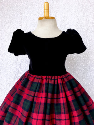 Short Sleeve Black Velvet Plaid Skirt Cotton Gown