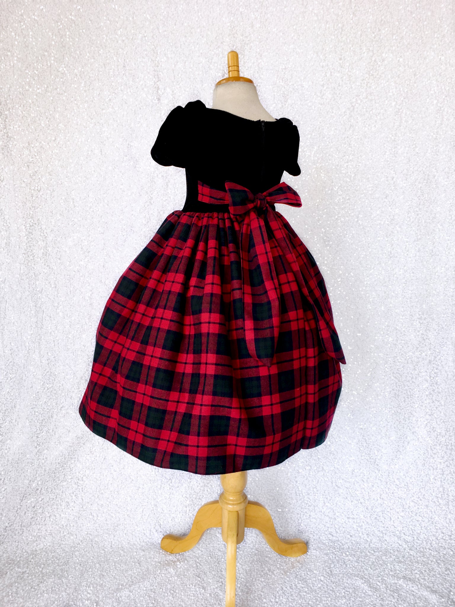 Short Sleeve Black Velvet Plaid Skirt Cotton Gown