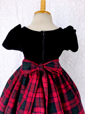 Short Sleeve Black Velvet Plaid Skirt Cotton Gown