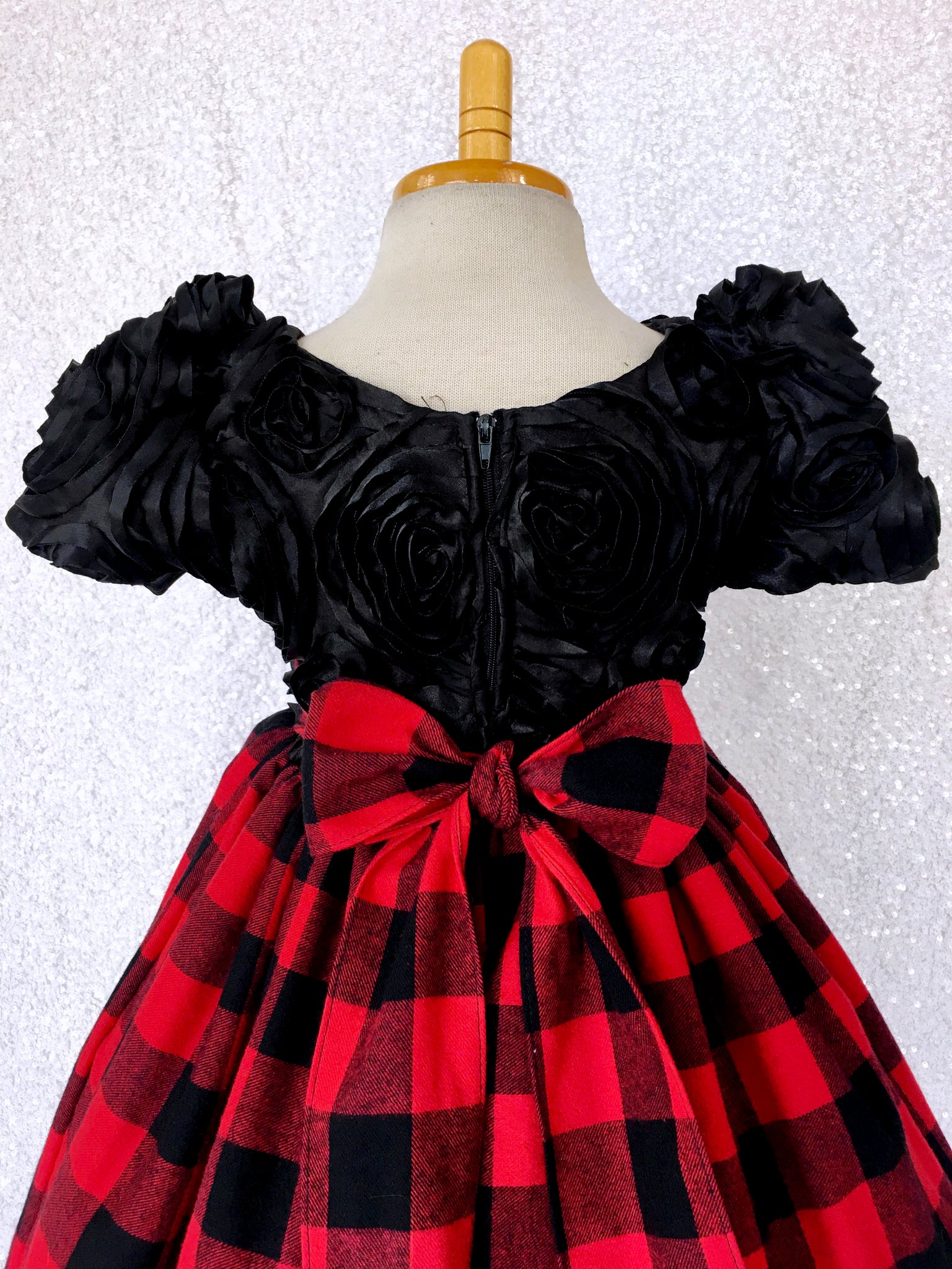 Red Black Buffalo Plaid Cotton Satin 3D Floral Short Sleeve Gown