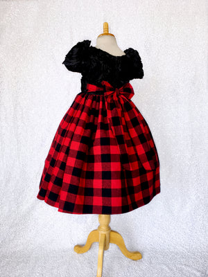 Red Black Buffalo Plaid Cotton Satin 3D Floral Short Sleeve Gown