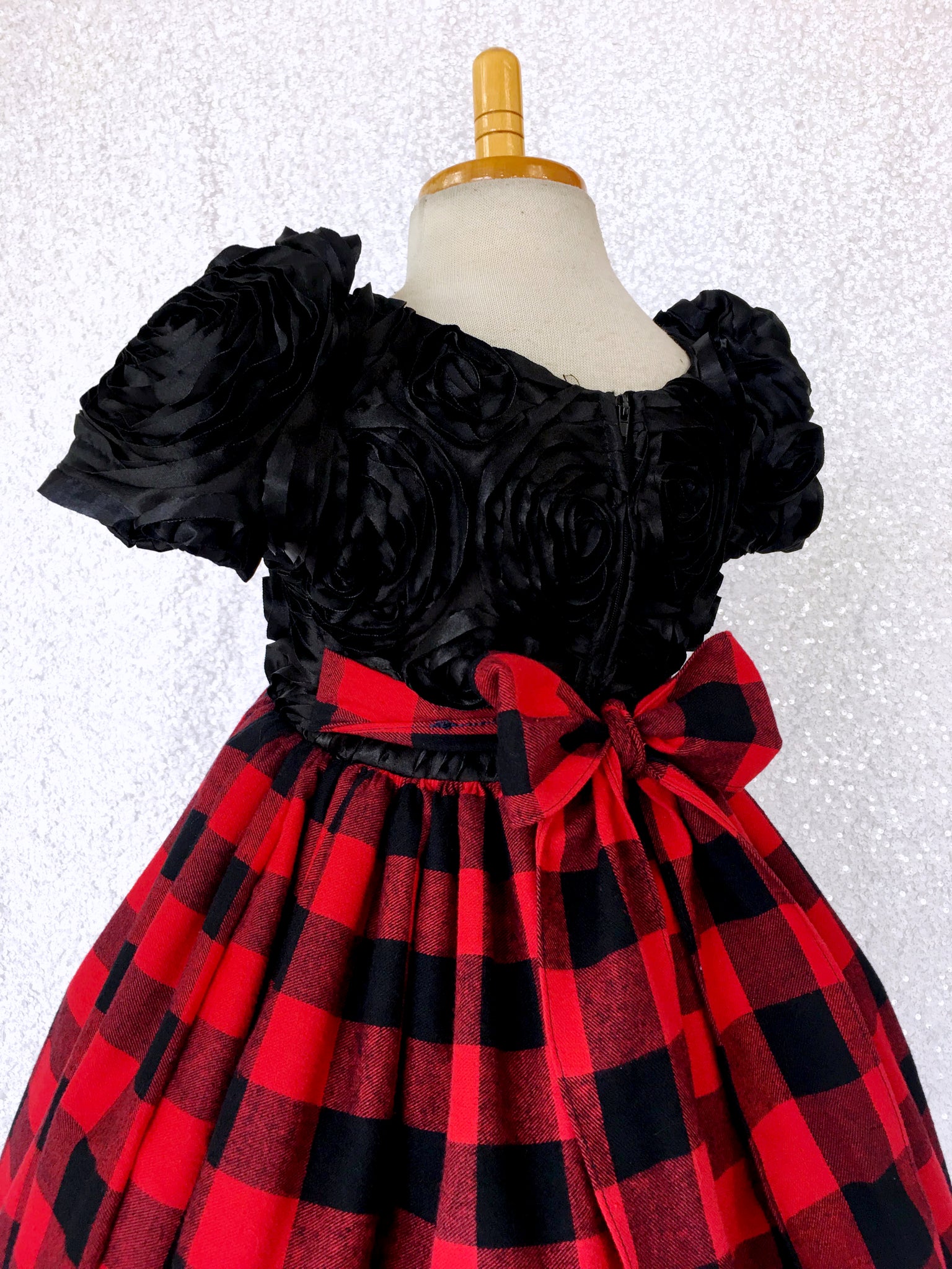 Red Black Buffalo Plaid Cotton Satin 3D Floral Short Sleeve Gown