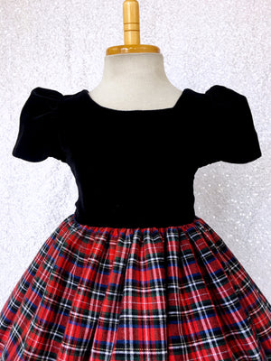 Short Sleeve Black Velvet Red Blue Plaid Cotton Gown