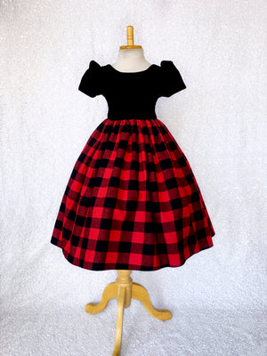 Velvet Plaid Red Black Buffalo Cotton Short Sleeve Dress