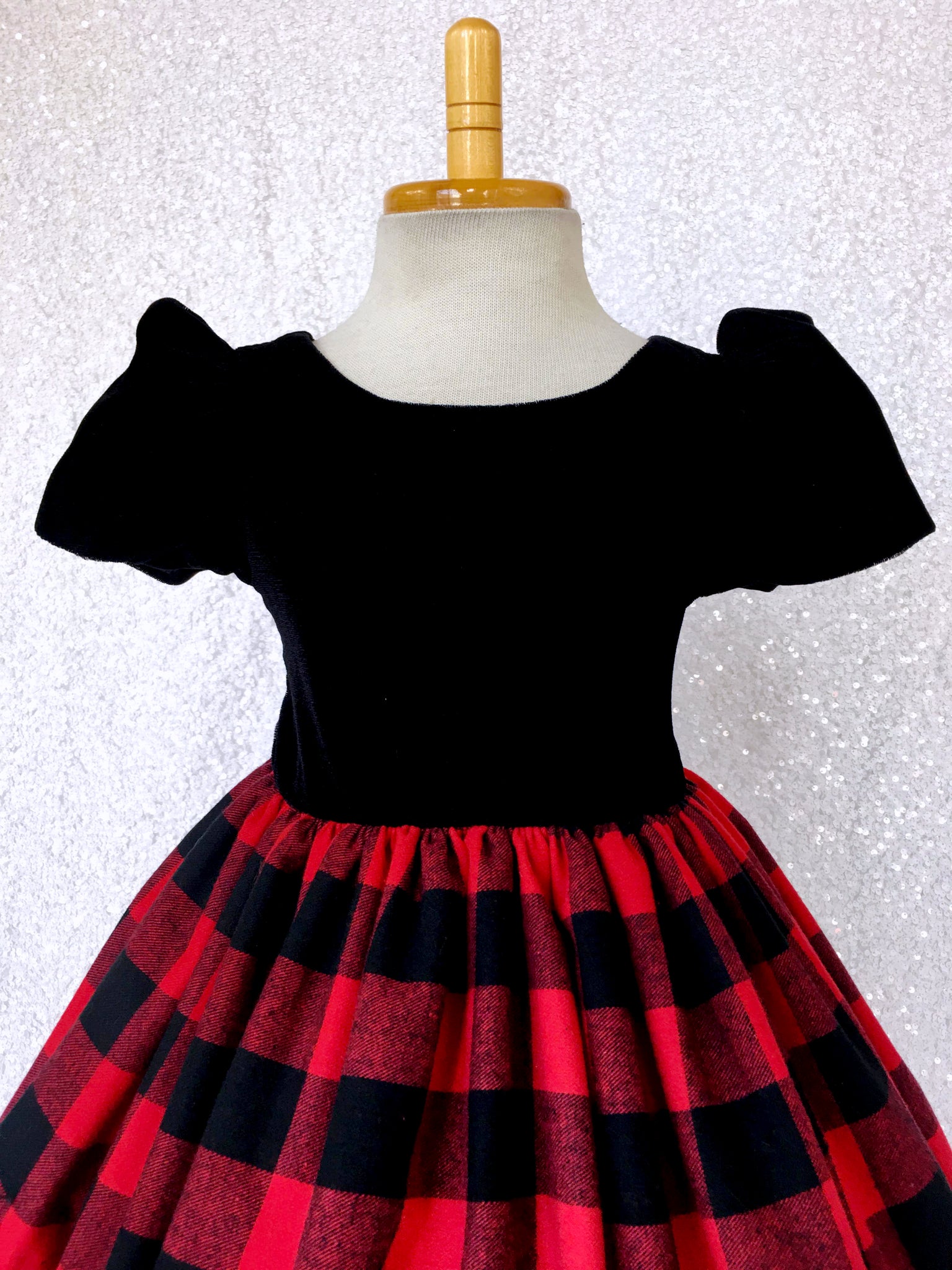 Velvet Plaid Red Black Buffalo Cotton Short Sleeve Dress