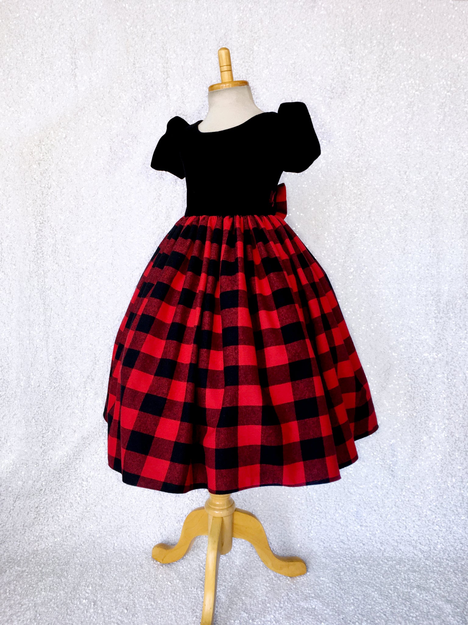 Velvet Plaid Red Black Buffalo Cotton Short Sleeve Dress