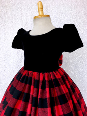 Velvet Plaid Red Black Buffalo Cotton Short Sleeve Dress