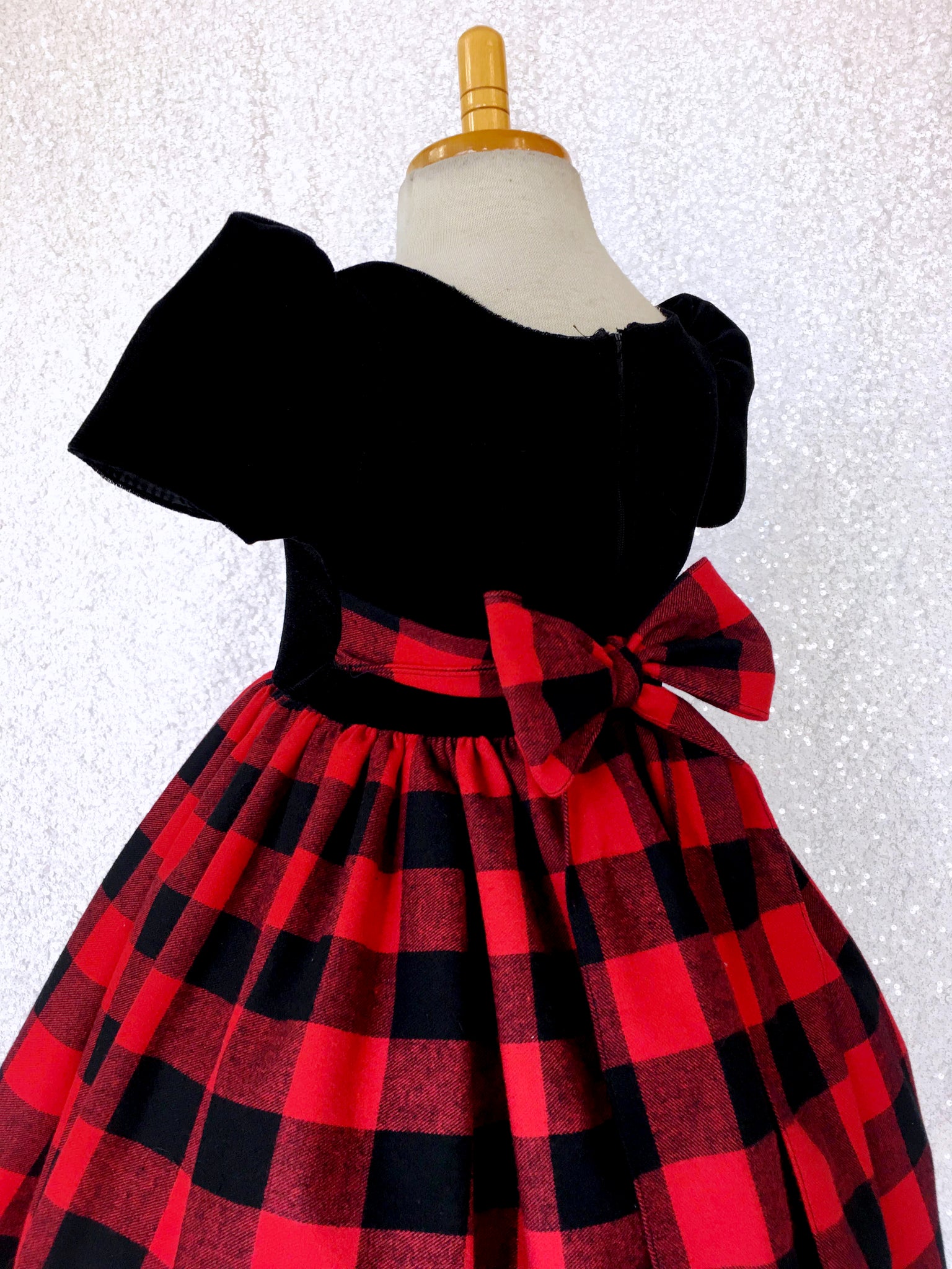 Velvet Plaid Red Black Buffalo Cotton Short Sleeve Dress